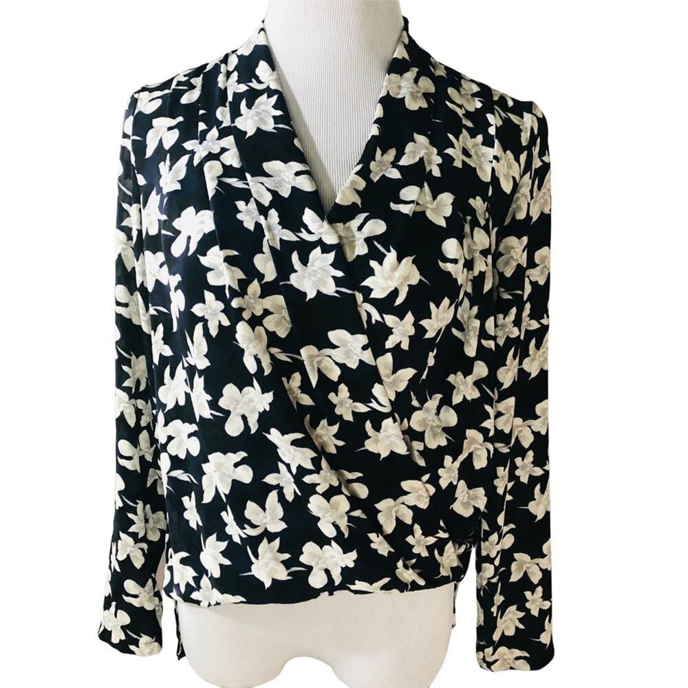 Ann Taylor floral navy black wrap front long sleeve blouse top Size XXS